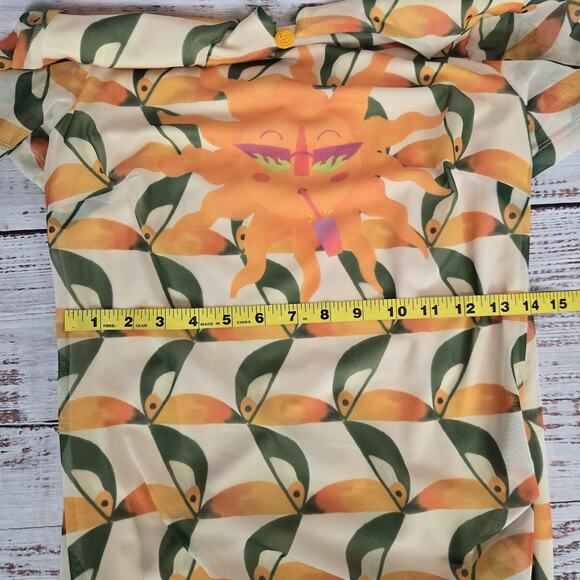 Farm Rio Mesh Midi Dress S Yellow Green Orange Sun Print Pockets Ruch Slits Line - Picture 13 of 16